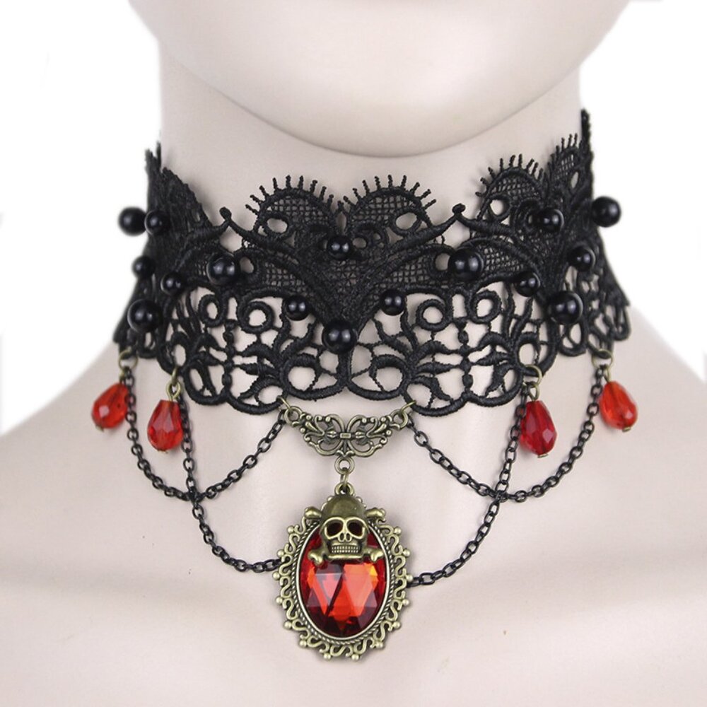 Black Lace Necklace Skull Gothic vintage Necklace